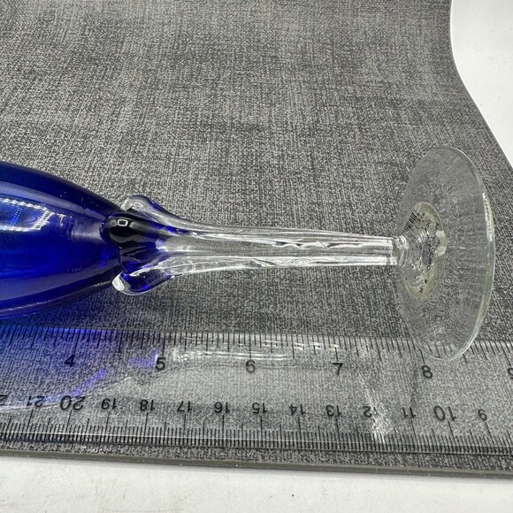 Cobalt Blue Glass Champagne Flutes Clear Tulip Ornate 4 Sided Stem Lot of 2 8" - Picture 9 of 11